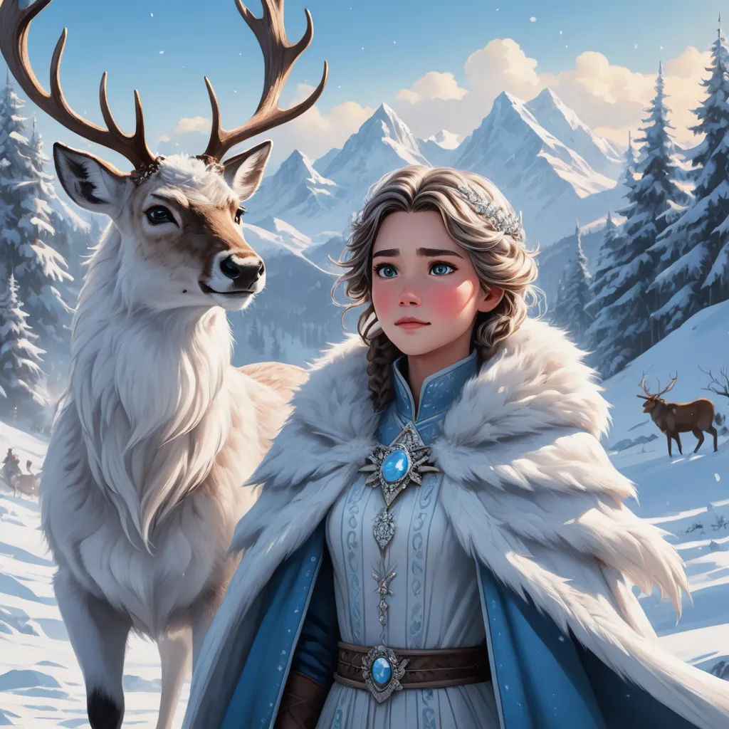 a painting of a woman in a white dress and a deer in a snowy landscape with mountains in the background, fantasy art, a comic book panel, Artgerm, official art