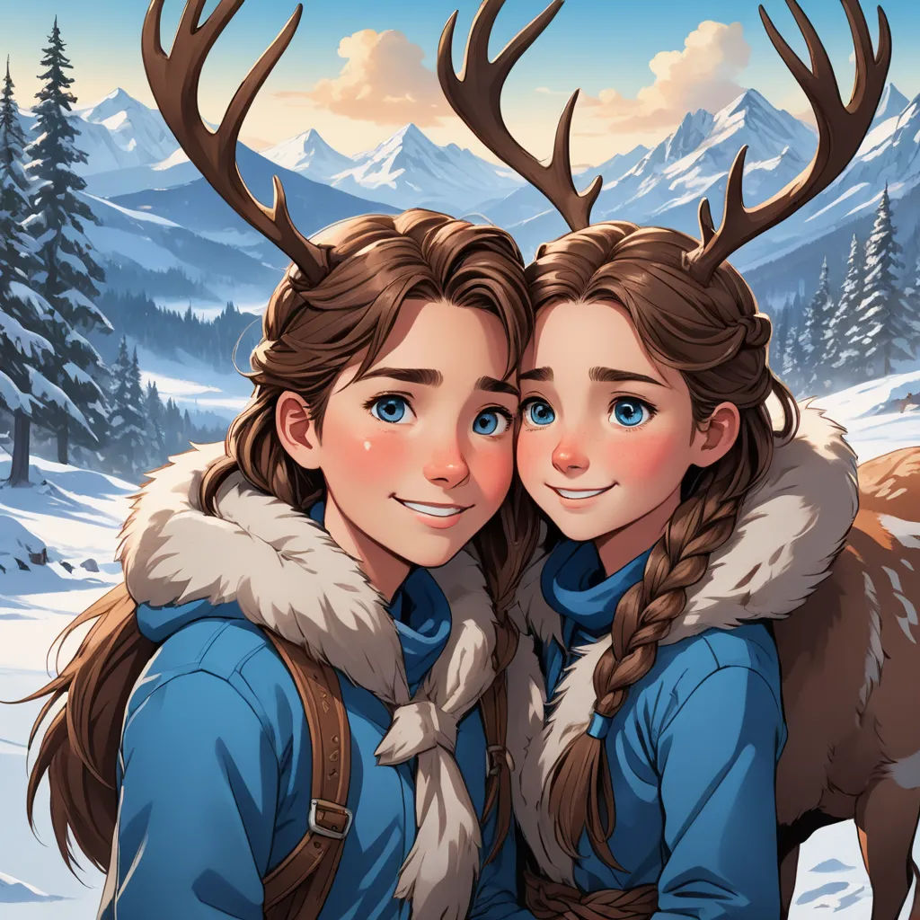 two girls are hugging each other in the snow with a deer behind them and a mountain in the background, furry art, concept art, Artgerm, official art