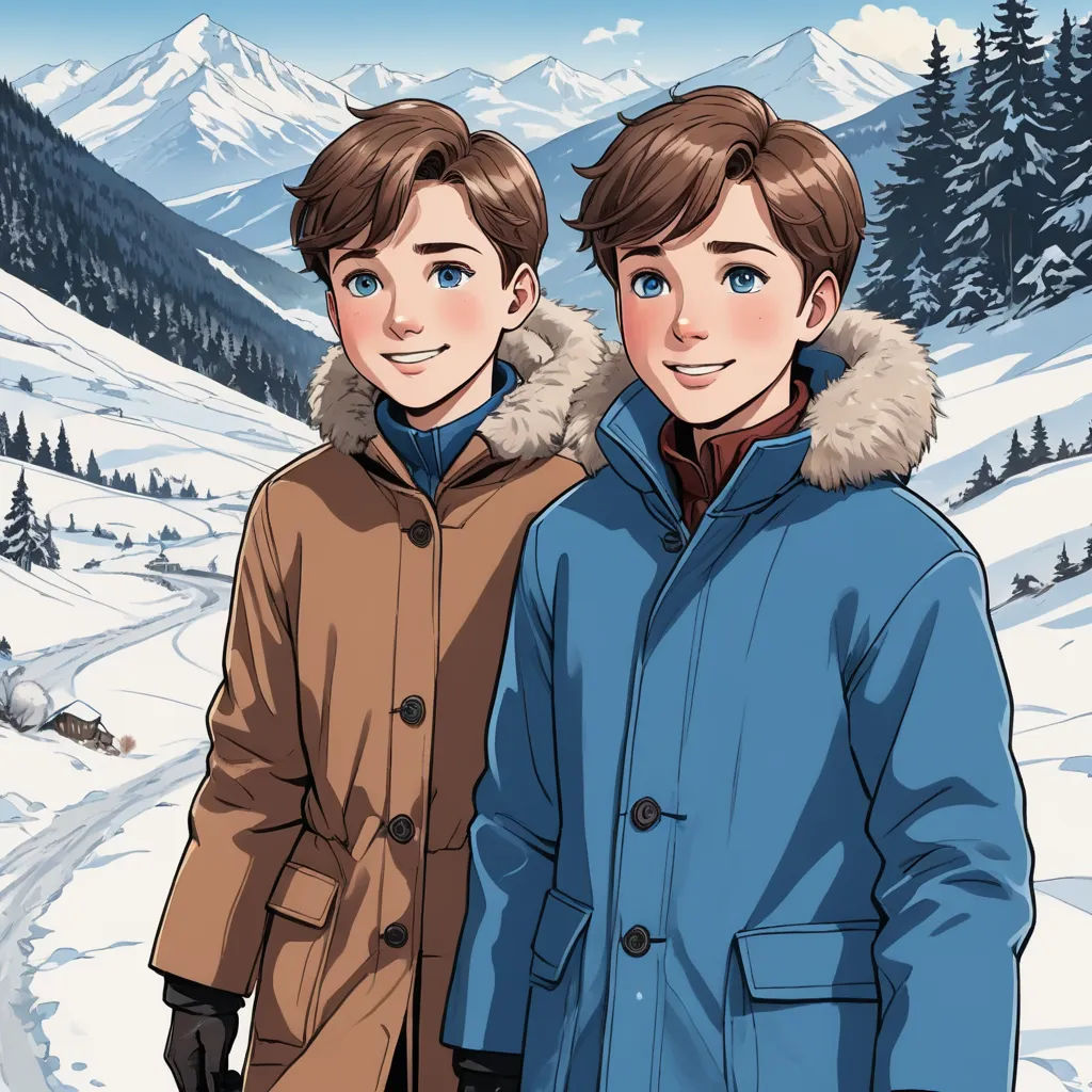 two people standing in the snow in front of a mountain range with trees and snow covered mountains in the background, aestheticism, a comic book panel, Brothers Hildebrandt, official art