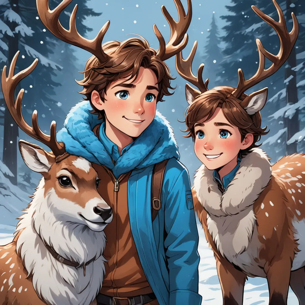 a boy and a girl are standing next to a deer in the snow with antlers on their heads, furry art, a storybook illustration, Brothers Hildebrandt, official art