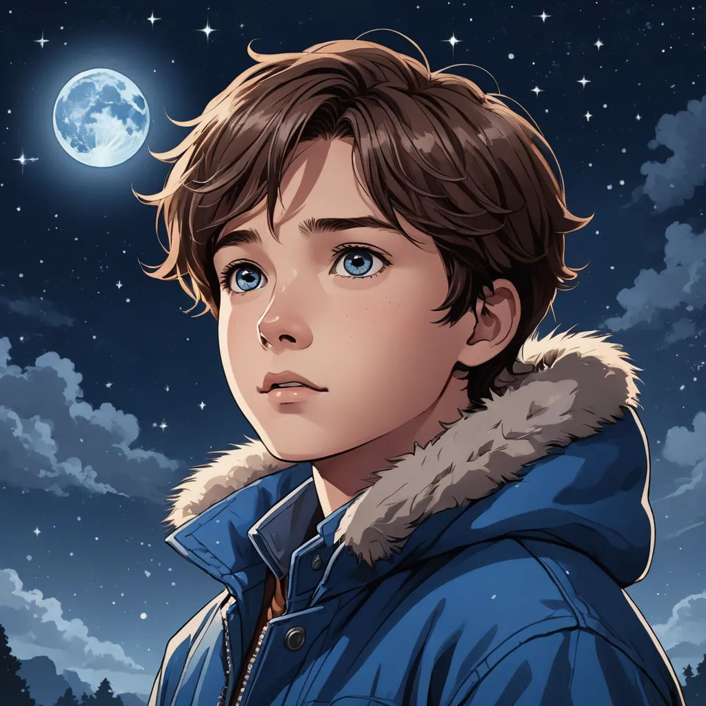 a boy in a blue jacket looking at the sky with a full moon in the background and stars in the sky, space art, a character portrait, David Park, key art