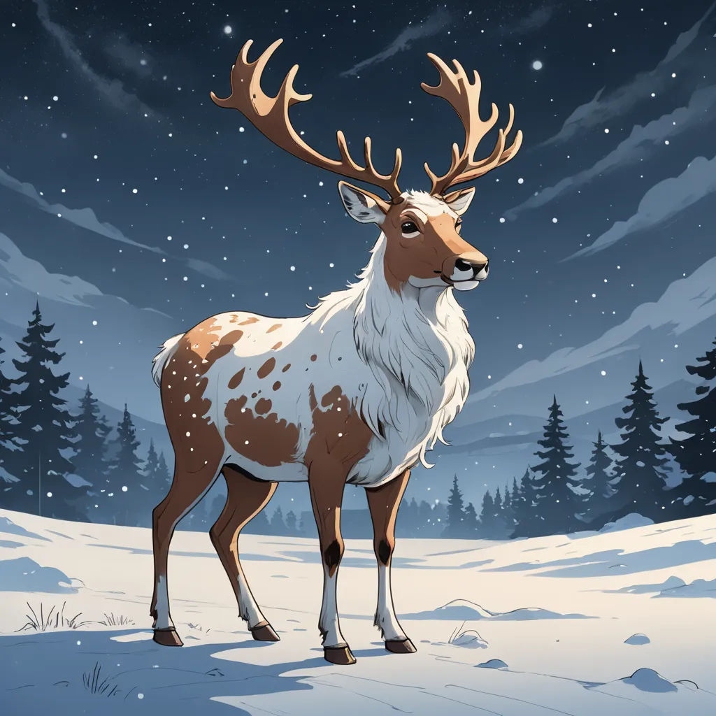 a deer standing in the snow with a sky background and trees in the background with snow falling on it, furry art, a character portrait, Dan Mumford, leesha hannigan