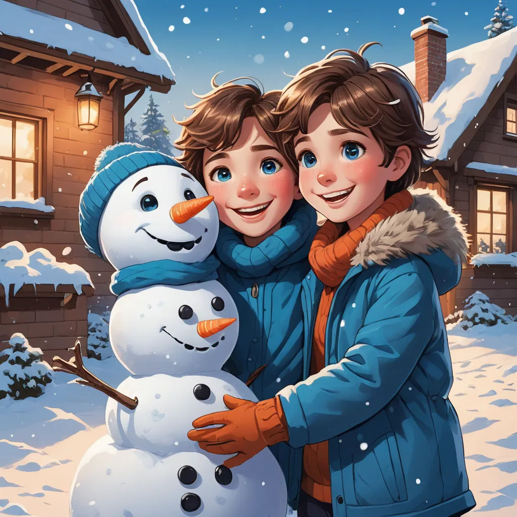 two children hugging each other in front of a snowman and a house with a snowman on it, lyco art, a storybook illustration, Brothers Hildebrandt, official art