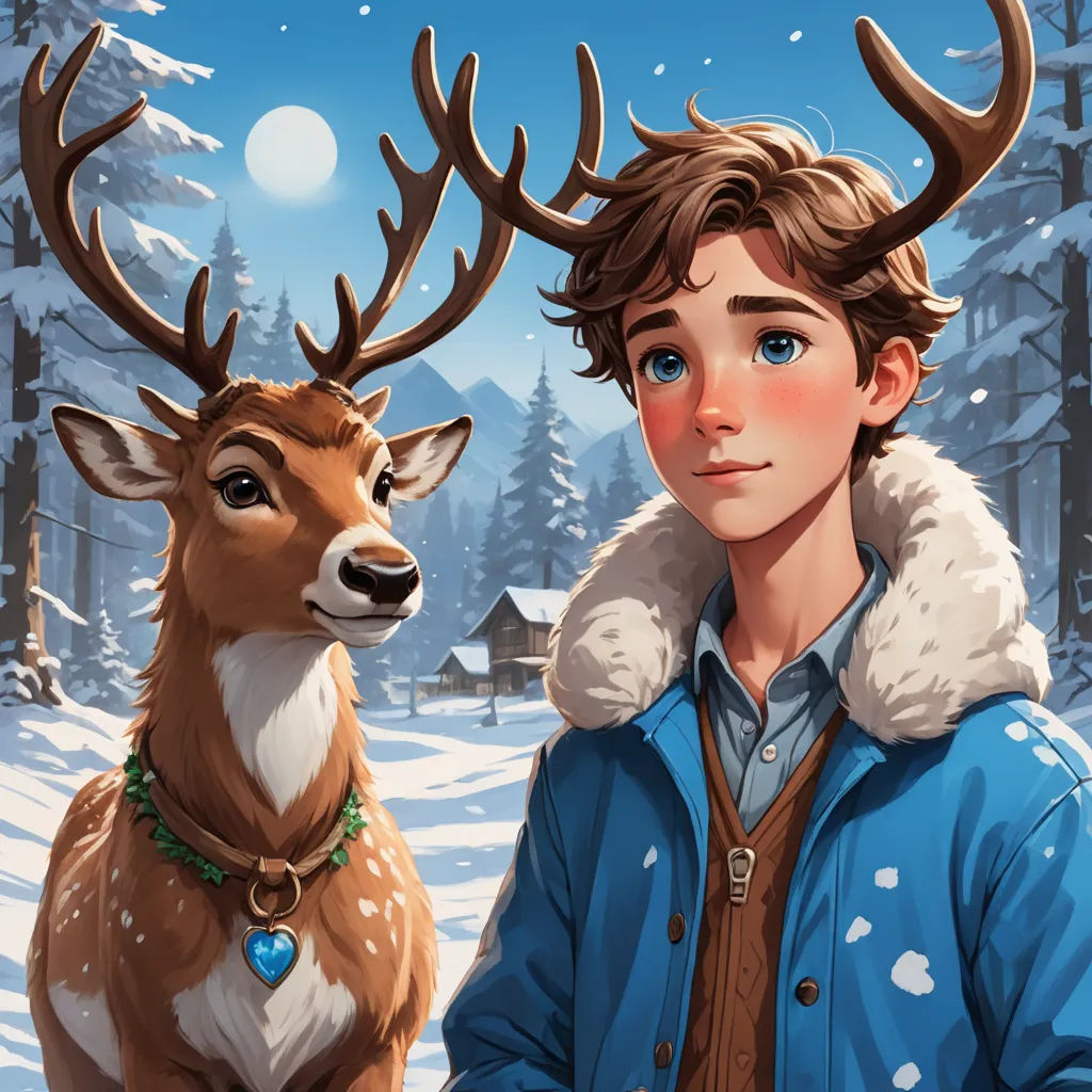 a boy in a blue jacket standing next to a deer in a snowy forest with a cabin in the background, furry art, a character portrait, David Park, key art