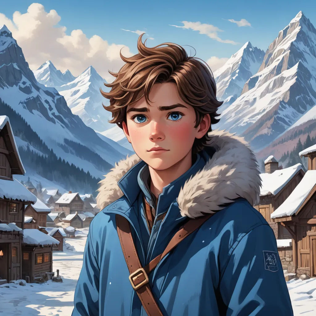 a boy in a blue jacket standing in front of a snowy mountain village with a mountain range in the background, sots art, a character portrait, Brothers Hildebrandt, rossdraws global illumination