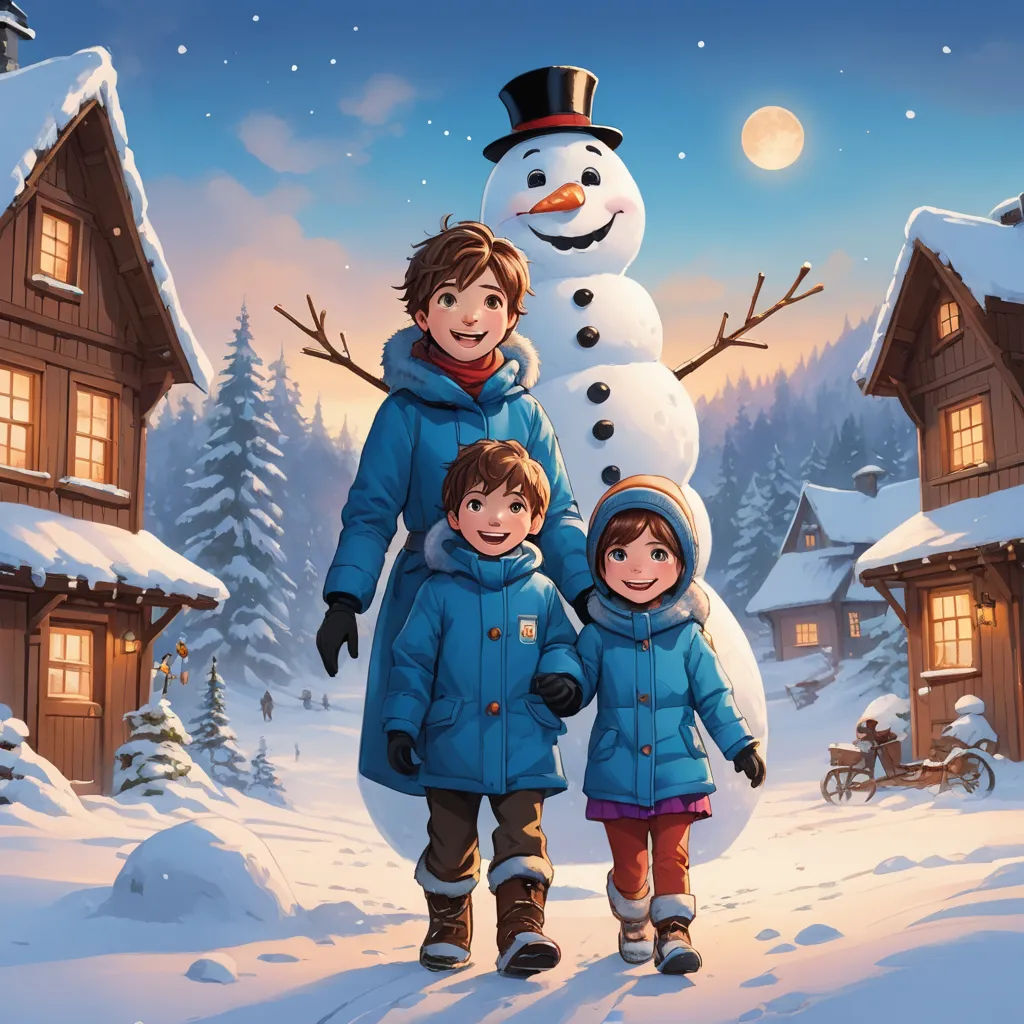 a family of three standing in front of a snowman in a snowy village with a full moon in the sky, lyco art, a storybook illustration, Brothers Hildebrandt, official art