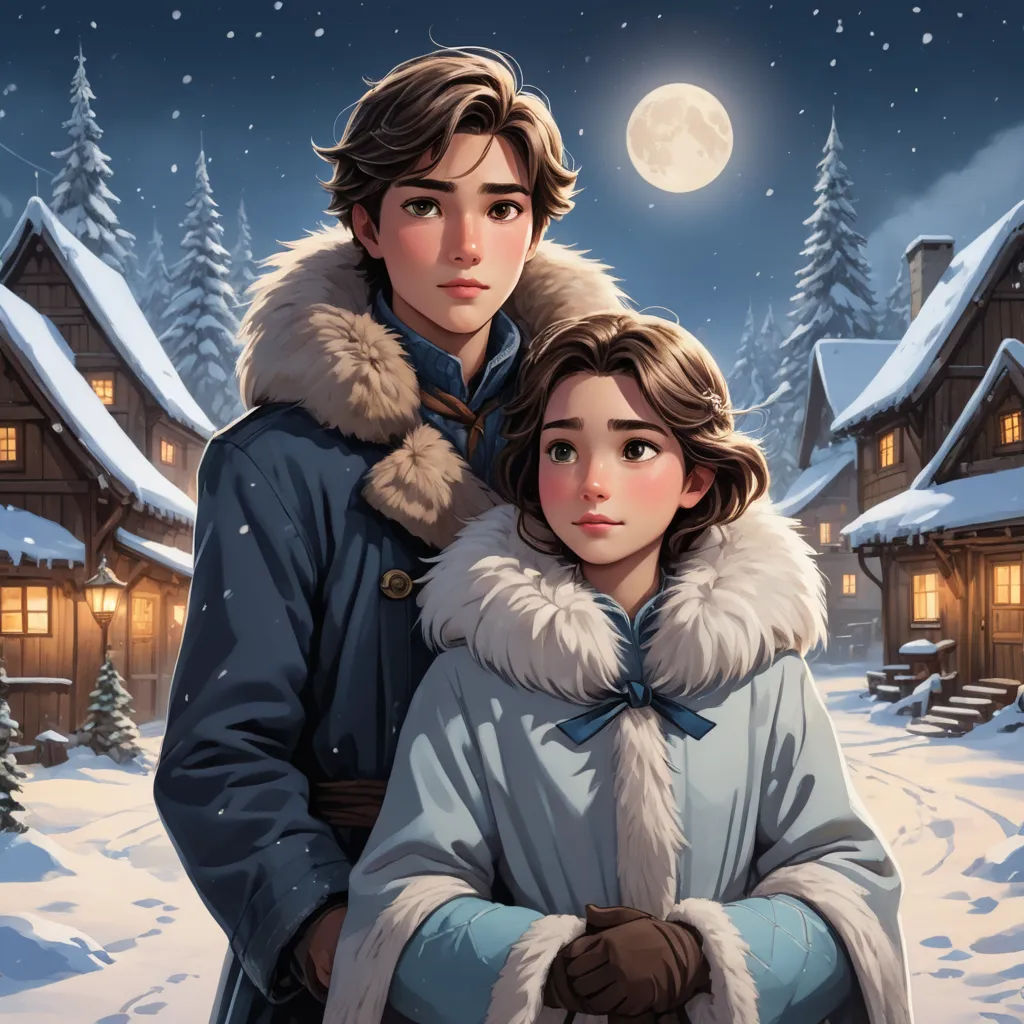 a painting of a man and woman in winter clothes standing in front of a snowy village at night with a full moon, sots art, a storybook illustration, Brothers Hildebrandt, official art