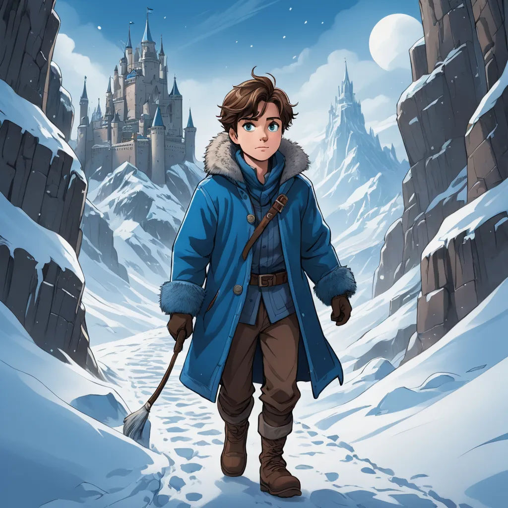 a boy in a blue coat is walking through a snowy landscape with a broom in his hand and a castle in the background, fantasy art, a character portrait, Cliff Childs, key art