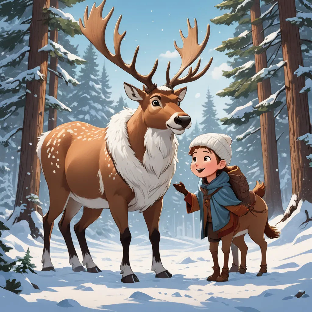 a boy and a deer in the snow in a forest with trees and snow on the ground and snow on the ground, furry art, a storybook illustration, Diego Gisbert Llorens, official art