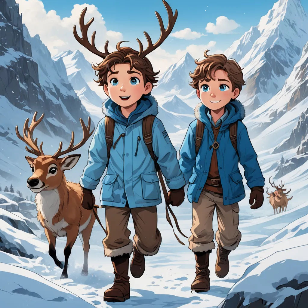 a boy and a girl are walking through the snow with deer behind them, and a mountain behind them, furry art, a storybook illustration, Brothers Hildebrandt, official art