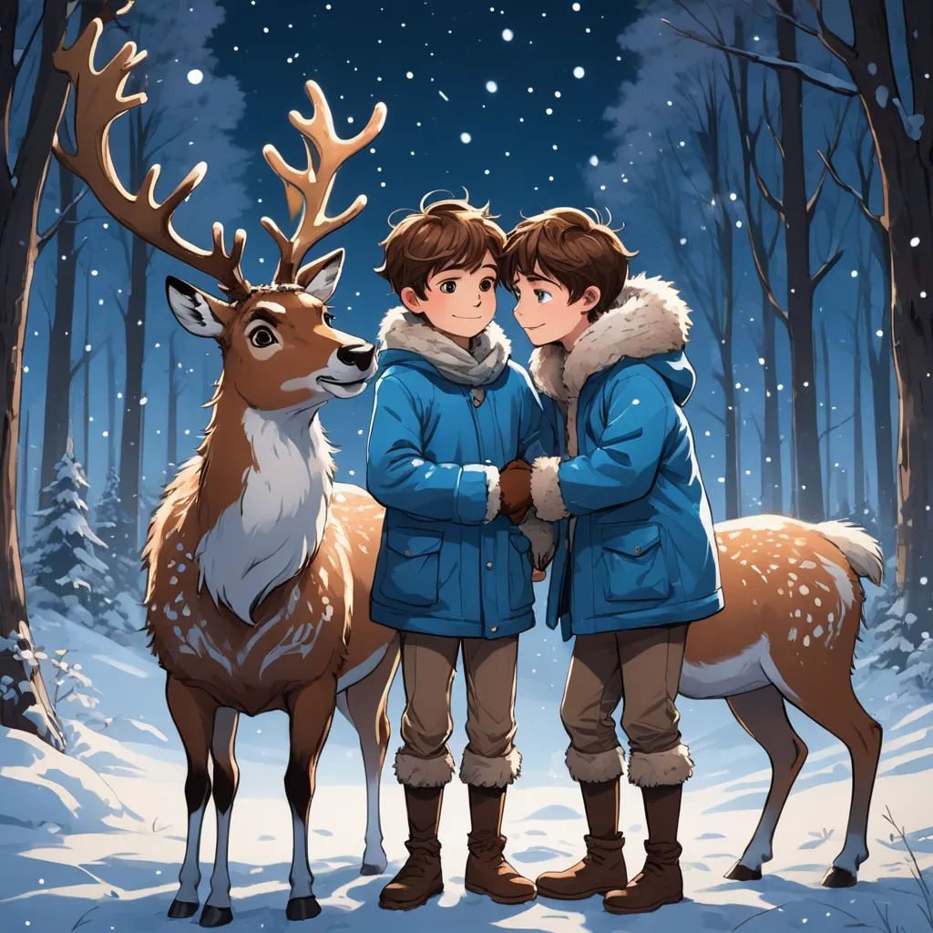 two children standing next to a deer in the snow with a forest background and snow falling on the ground, furry art, a storybook illustration, David Park, key art