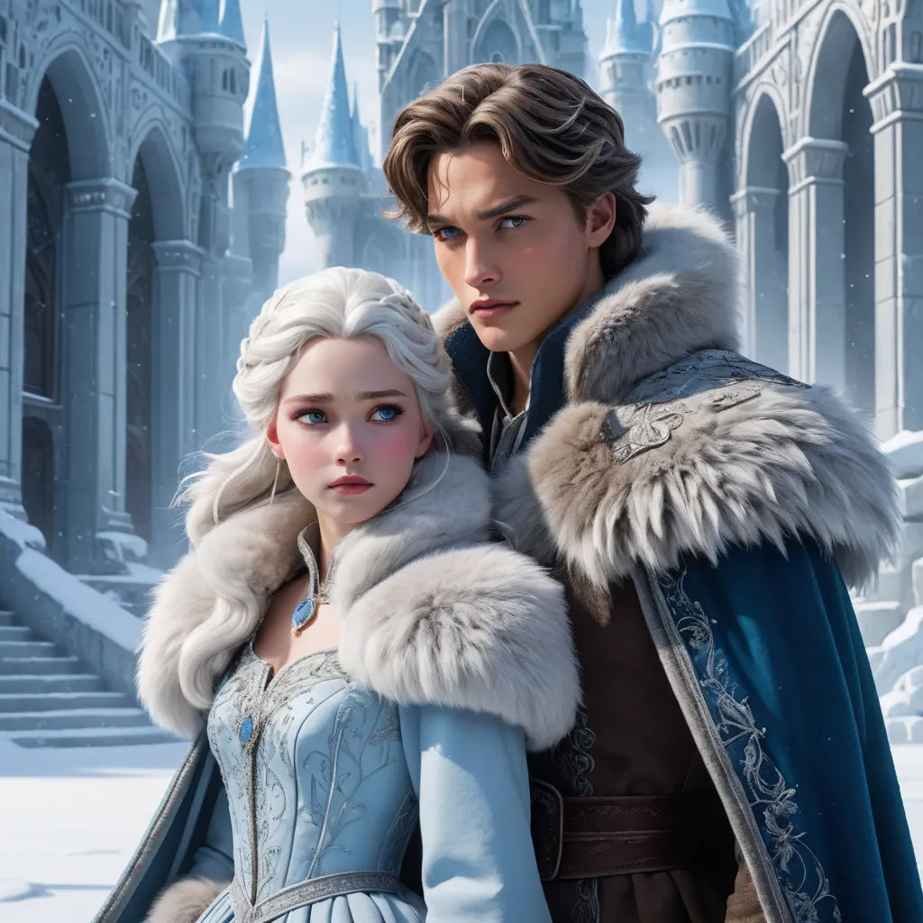 a man and a woman dressed in winter clothing standing in front of a castle with a castle in the background, symbolism, a poster, disney, official art