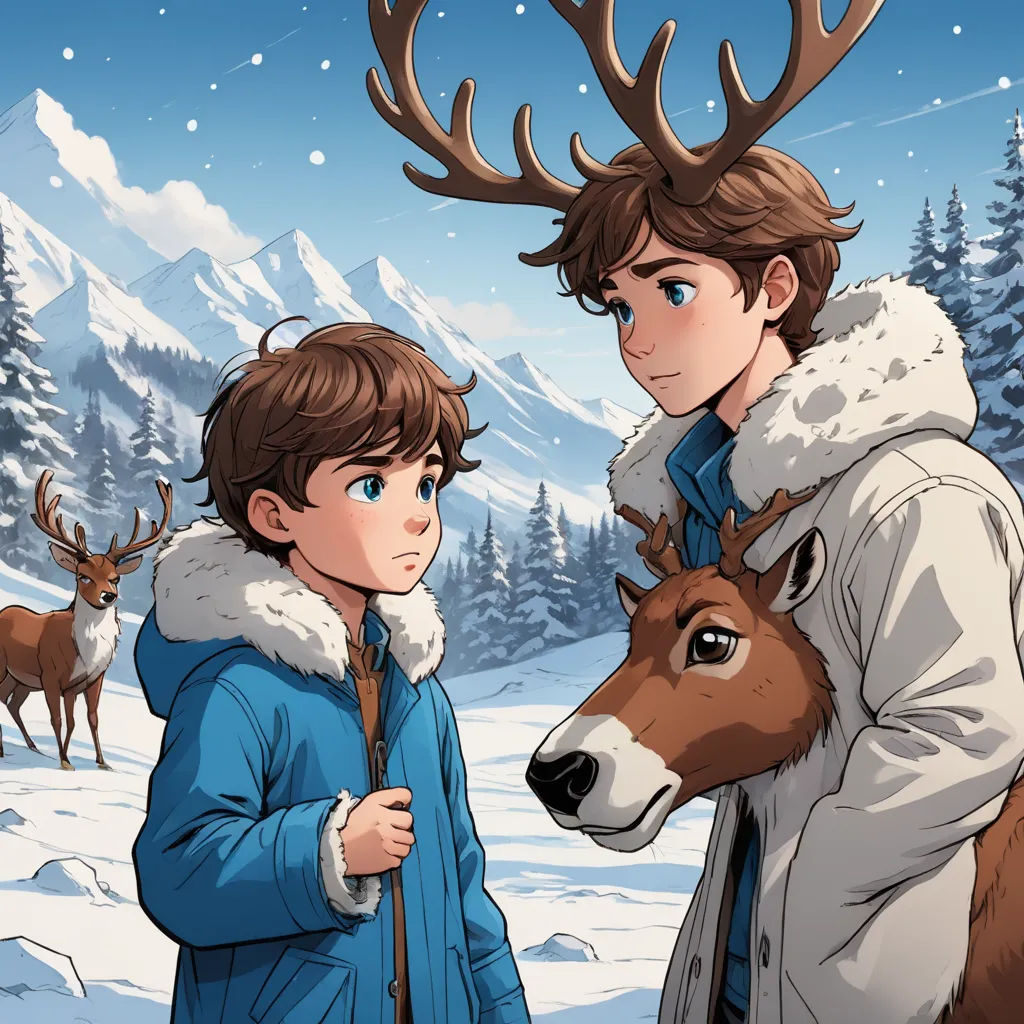 a boy and a boy are standing in the snow with deers behind them, and a boy is looking at the deer, sots art, a comic book panel, Brothers Hildebrandt, official art
