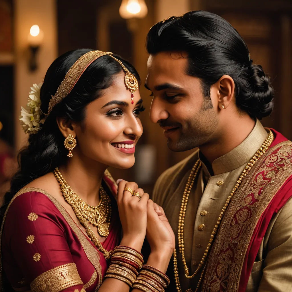 a man and woman in traditional indian garb smiling at each other's eyes and smiling at each other, samikshavad, a stock photo, Bholekar Srihari, promotional image