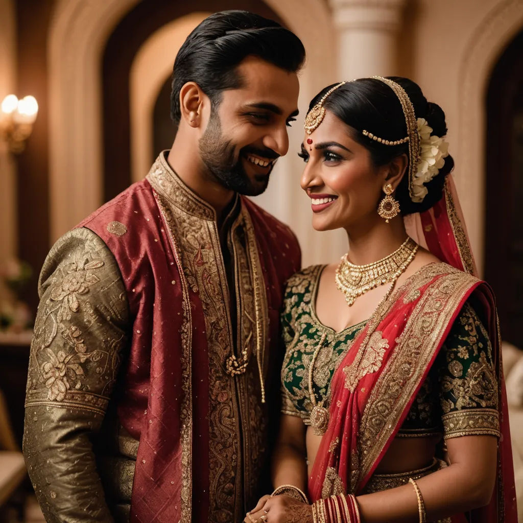 a man and woman in traditional indian attire smiling at each other's side, with a chandelier on, samikshavad, a stock photo, Bholekar Srihari, promotional image