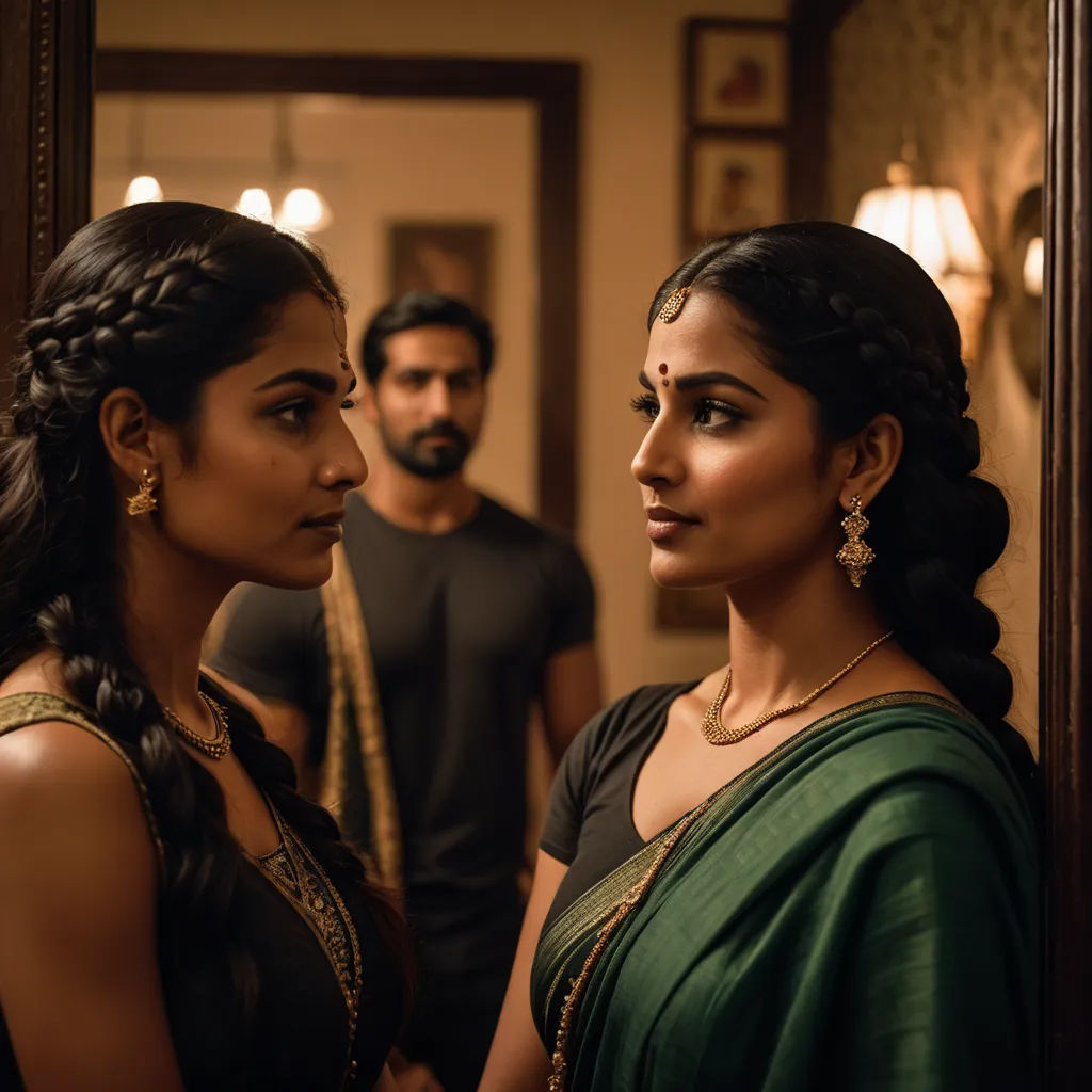 a woman in a green sari and a man in a black shirt in a mirror behind her looking at her, samikshavad, a poster, Ella Guru, promotional image
