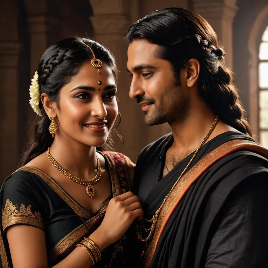 a man and woman in traditional indian clothing posing for a picture together in a dark room with a window, samikshavad, a detailed matte painting, Ella Guru, promotional image
