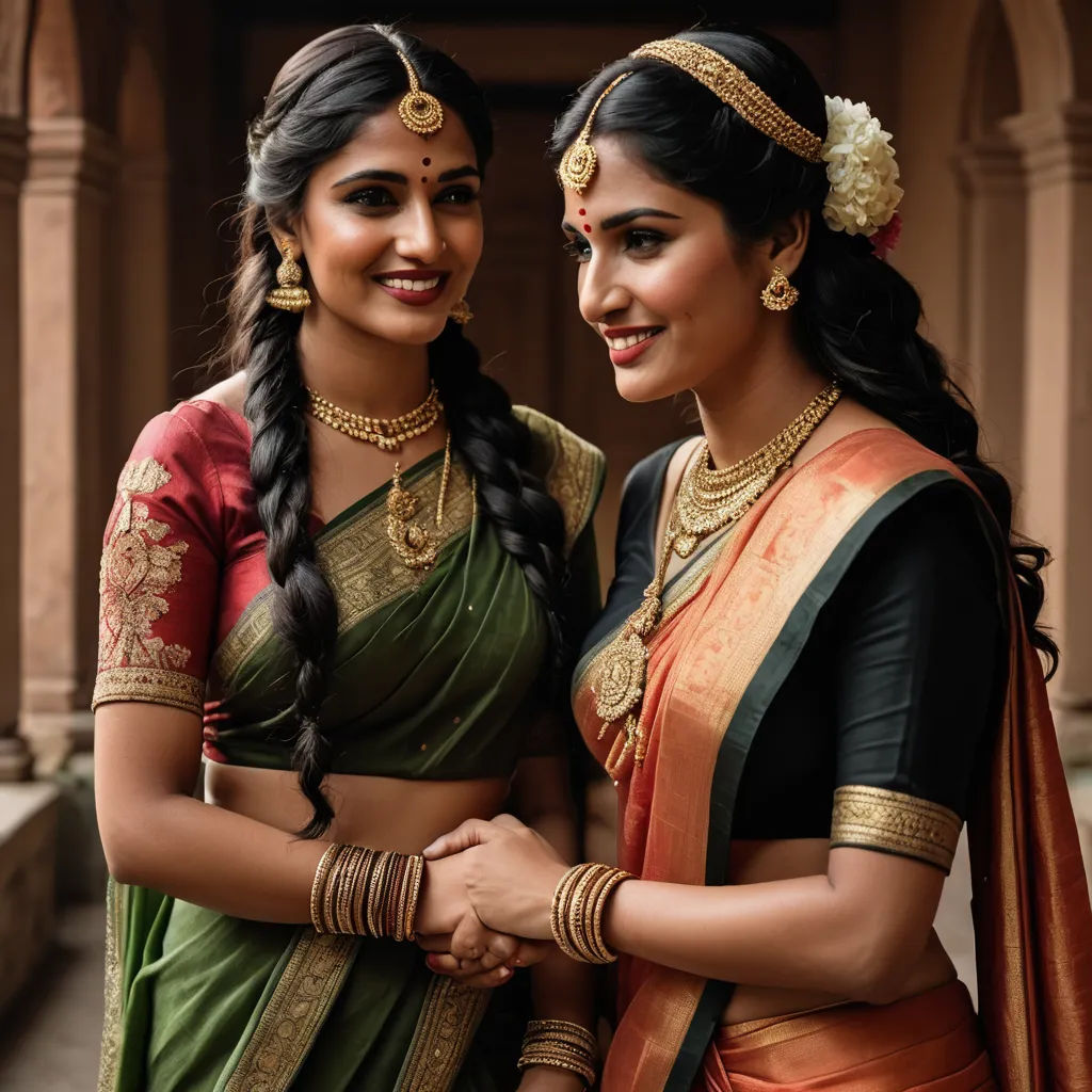 two women in sari standing next to each other in front of a building with a doorway and a doorway, samikshavad, a poster, Ella Guru, promotional image
