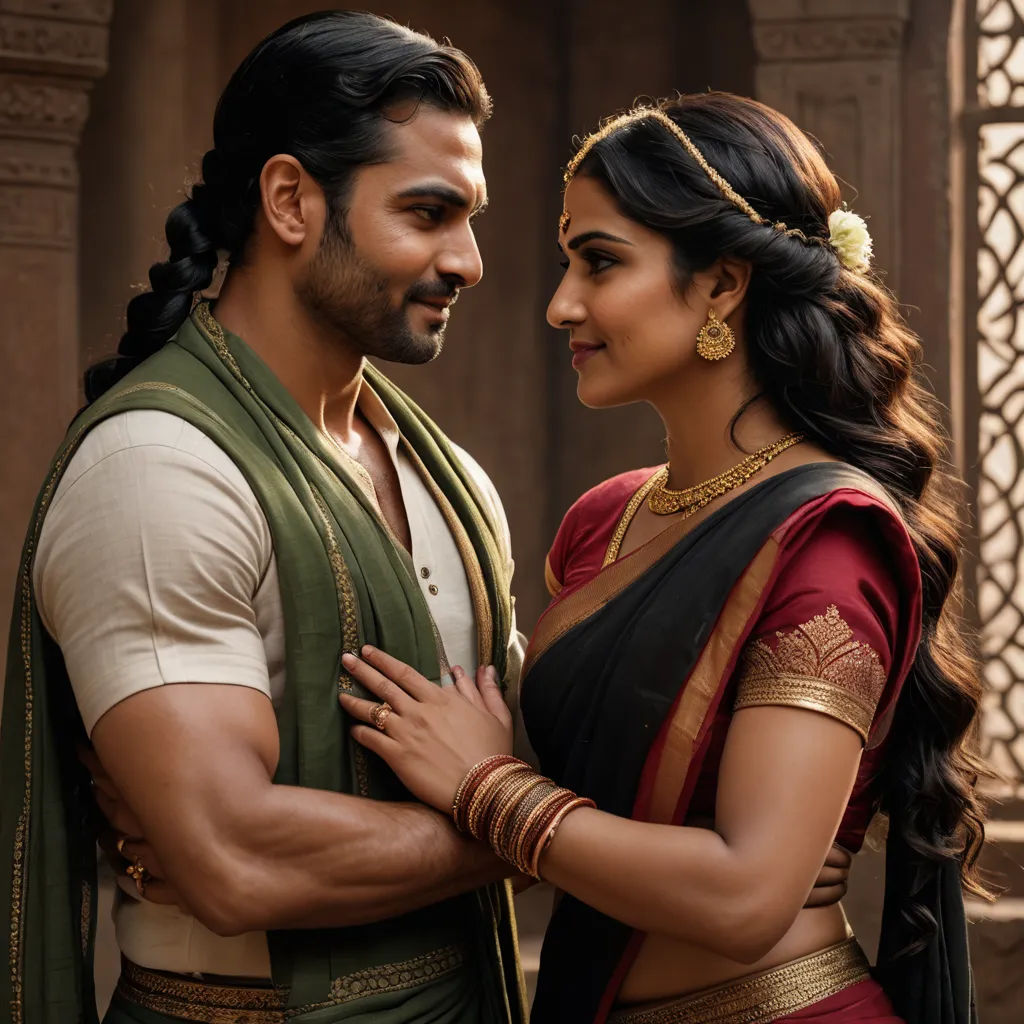 a man and a woman in traditional indian clothing standing together and smiling at each other's eyes,, samikshavad, a poster, Bholekar Srihari, promotional image