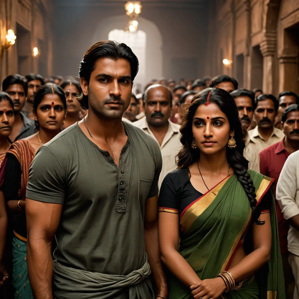 a man and woman standing in front of a crowd of people in a building with a man in the middle of the photo, samikshavad, a detailed matte painting, Ella Guru, movie still