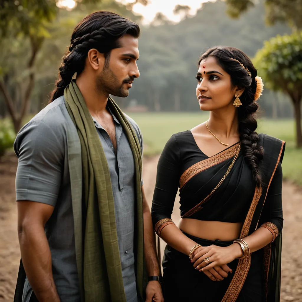 a man and a woman standing next to each other in a field of grass and trees, with trees in the background, samikshavad, a poster, Bholekar Srihari, movie still