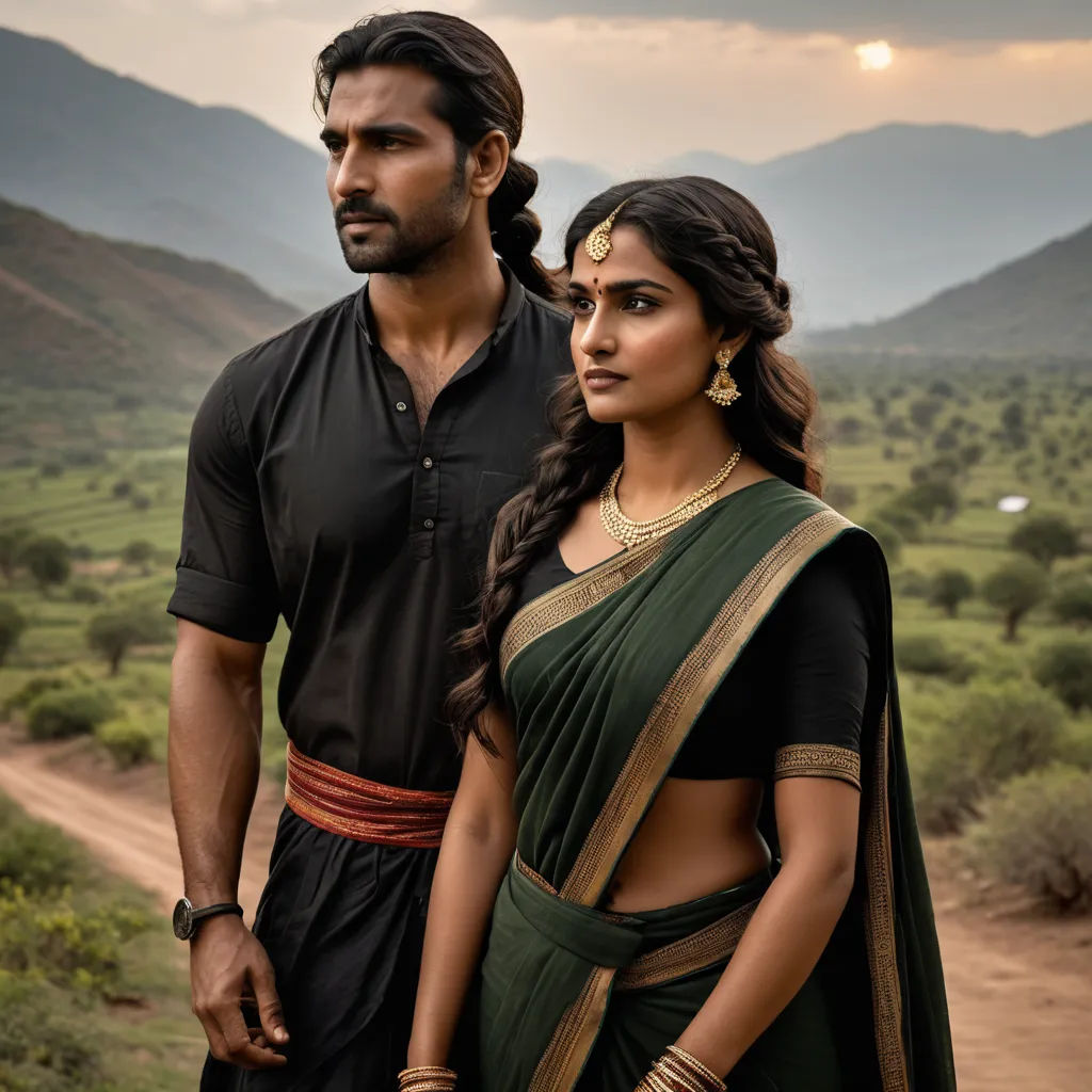 a man and a woman standing in a field with mountains in the background and a sunset in the sky, samikshavad, a detailed matte painting, Bholekar Srihari, promotional image