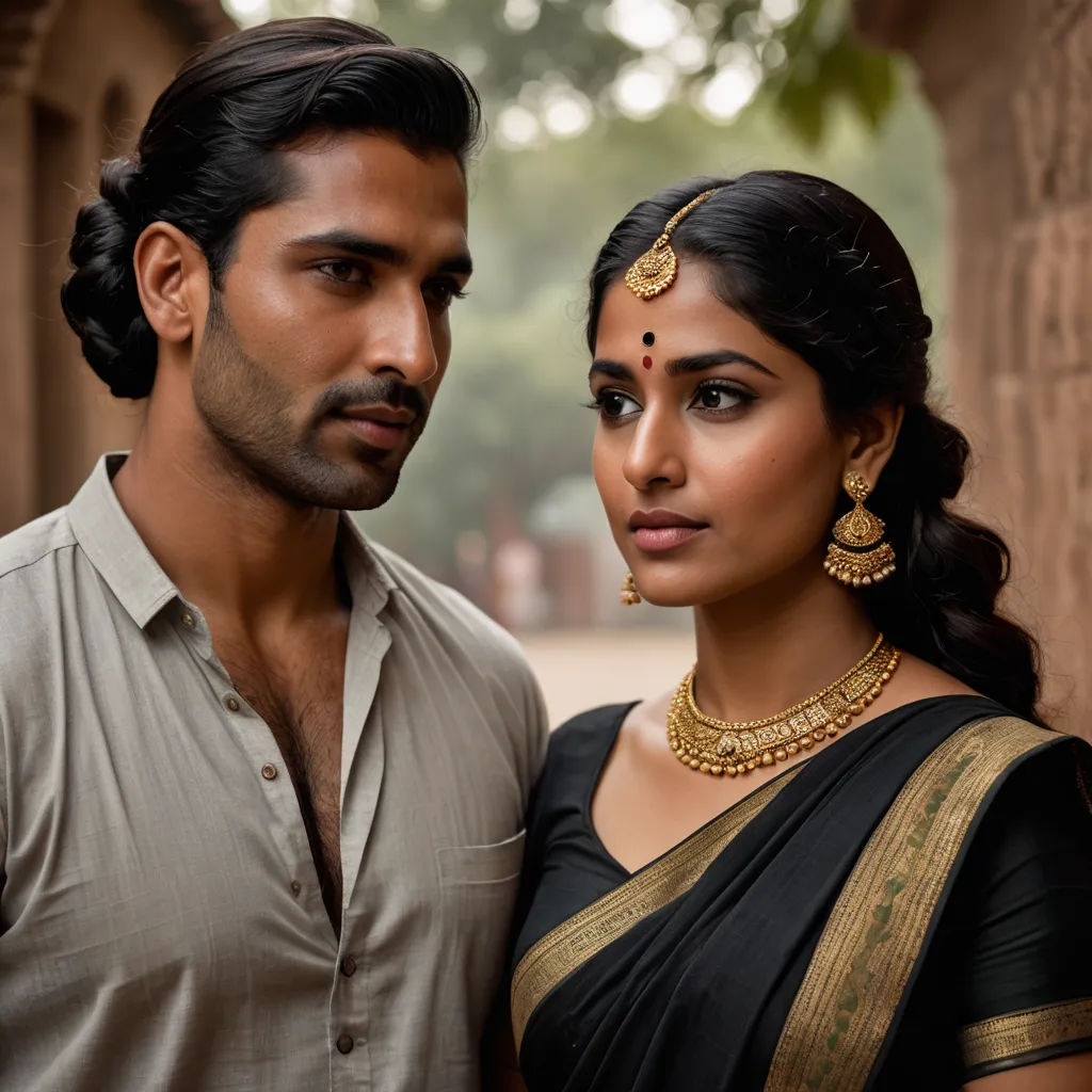 a man and a woman standing next to each other wearing jewelry and a necklace on their neck and shoulders, samikshavad, a poster, Bholekar Srihari, promotional image