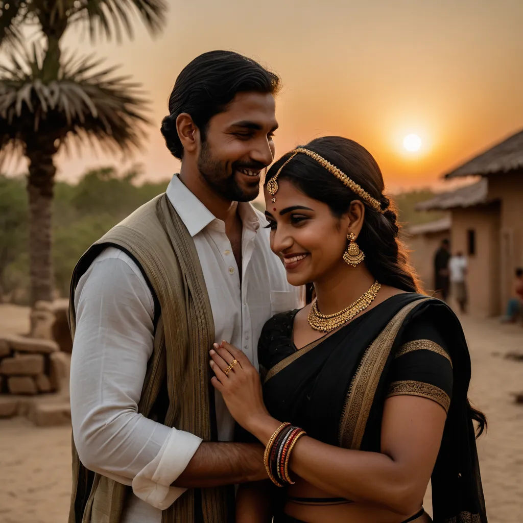 a man and woman standing next to each other in front of a sunset in a desert area with palm trees, samikshavad, a picture, Bholekar Srihari, promotional image