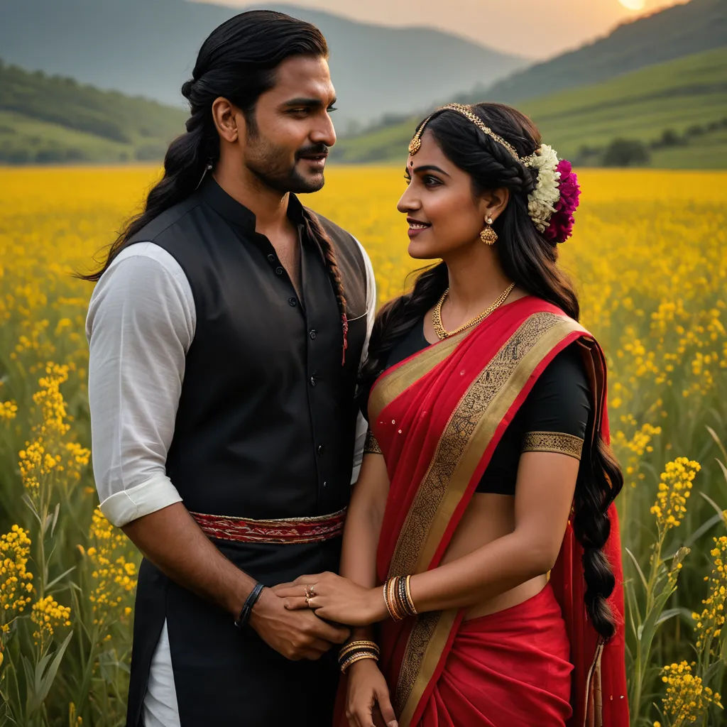 a man and woman standing in a field of flowers with a sunset in the background and a mountain range in the distance, samikshavad, a poster, Ella Guru, promotional image