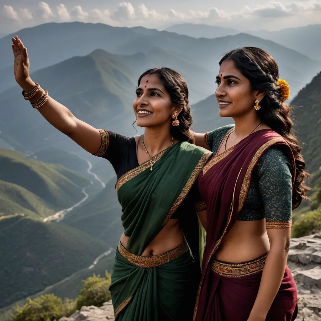 two women in sari standing on a mountain top with their arms outstretched in the air and mountains in the background, samikshavad, a poster, Ella Guru, promotional image