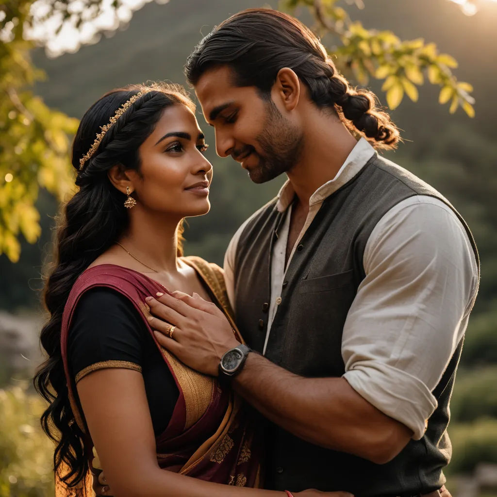 a man and woman embracing each other in front of a tree and a mountain range in the background with the sun shining on the trees, samikshavad, a poster, Bholekar Srihari, promotional image
