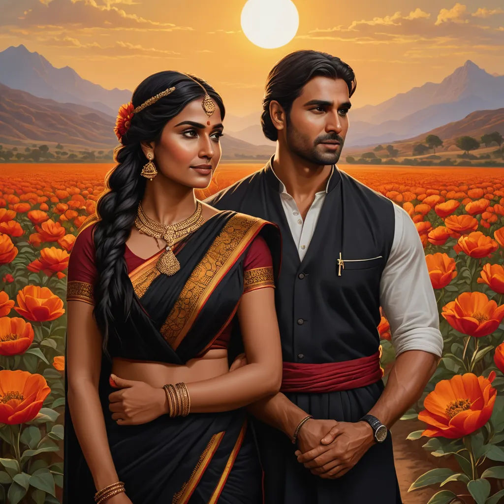 a painting of a man and woman standing in a field of flowers with the sun setting behind them and a mountain range in the distance, samikshavad, an oil painting, Bhupen Khakhar, official art