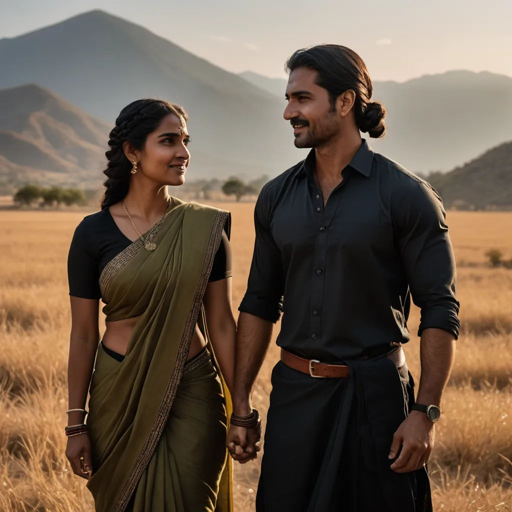 a man and woman standing in a field holding hands and smiling at each other with mountains in the background, samikshavad, a poster, Bholekar Srihari, promotional image
