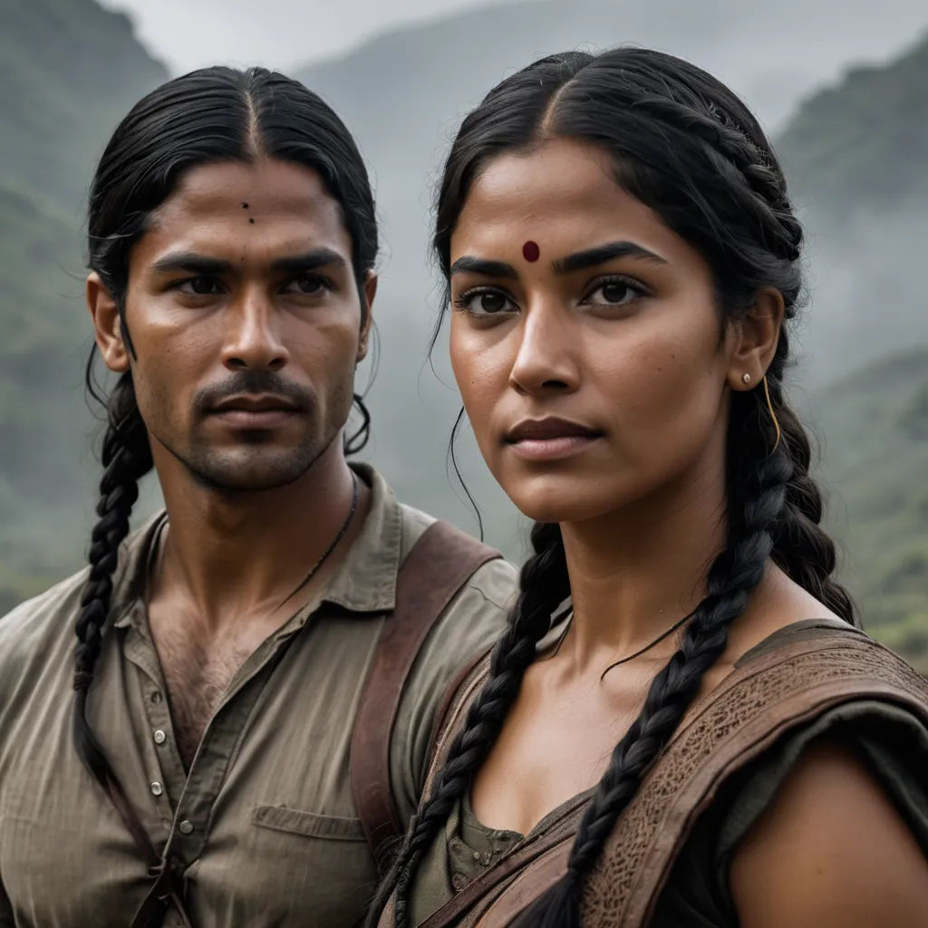 a man and a woman standing next to each other in front of mountains and trees with fog in the sky, samikshavad, a character portrait, Anthony Devas, promotional image