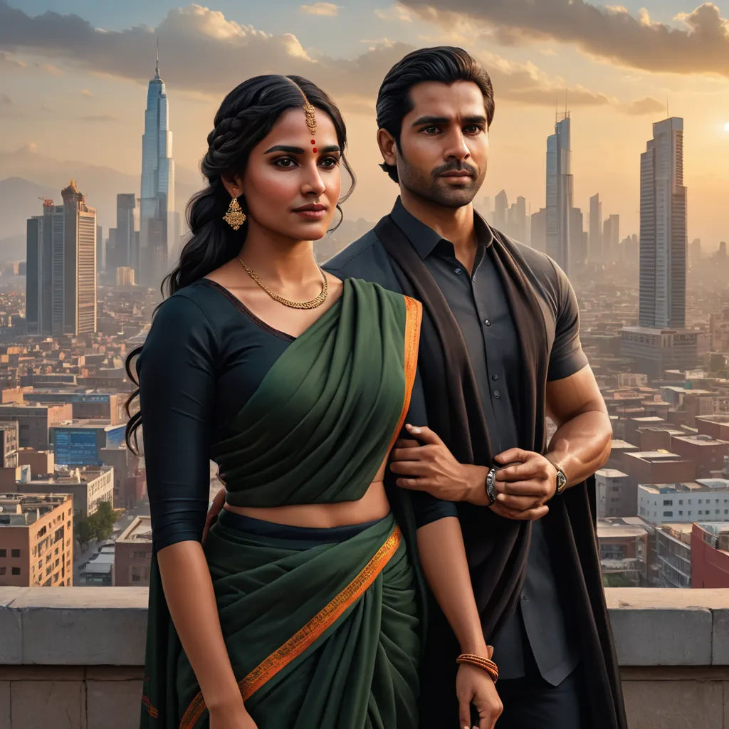 a man and woman standing next to each other in front of a cityscape with a sunset in the background, samikshavad, a detailed matte painting, Anthony Devas, promotional image