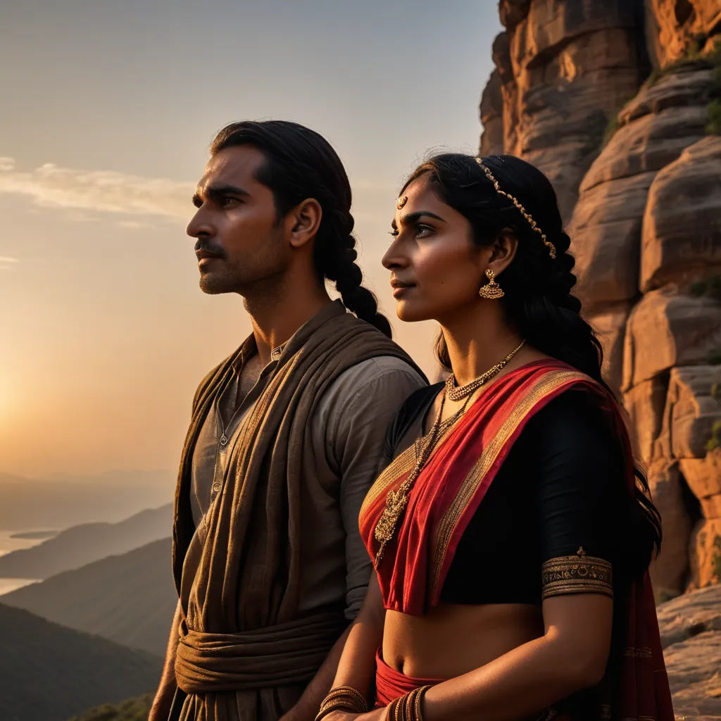 a man and a woman standing on a mountain top at sunset with a view of the valley below them, samikshavad, a detailed matte painting, Bholekar Srihari, promotional image