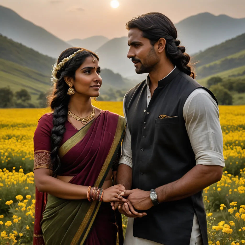 a man and woman standing in a field of flowers with mountains in the background and a sun setting behind them, samikshavad, a poster, Ella Guru, promotional image
