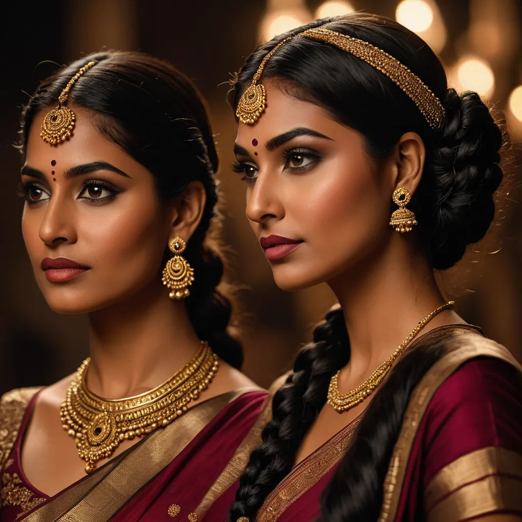 two women in indian attire with gold jewelry on their heads and hair in braids and braids in their hair, samikshavad, a photorealistic painting, Ella Guru, regal
