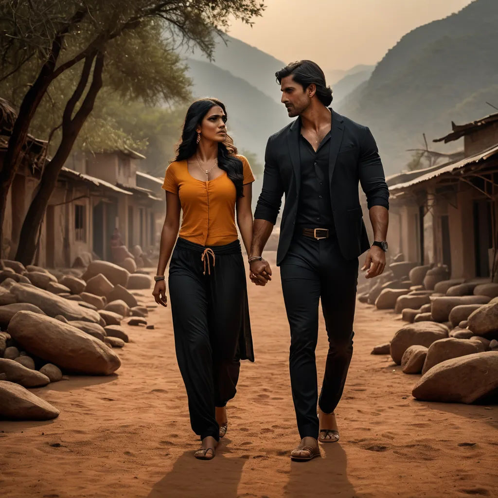 a man and a woman walking down a dirt road holding hands and looking at each other with mountains in the background, samikshavad, poster art, Anthony Devas, promotional image