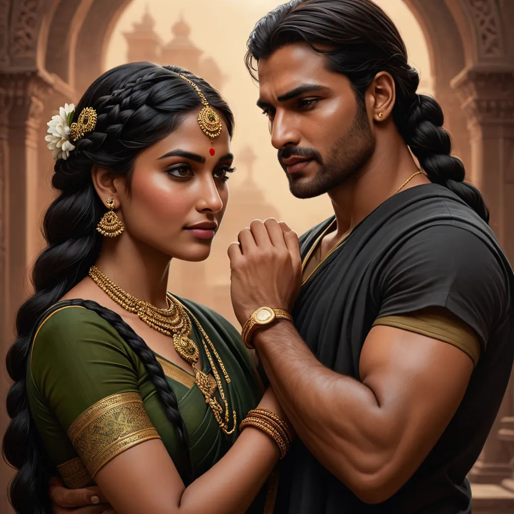 a man and woman in a painting style pose for a picture together, with a background of arches and arches, samikshavad, a hyperrealistic painting, Altoon Sultan, promotional image