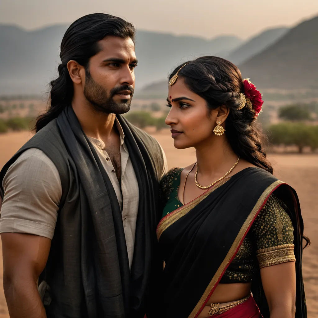 a man and a woman standing next to each other in a desert area with mountains in the background and a sky in the background, samikshavad, a poster, Bholekar Srihari, promotional image