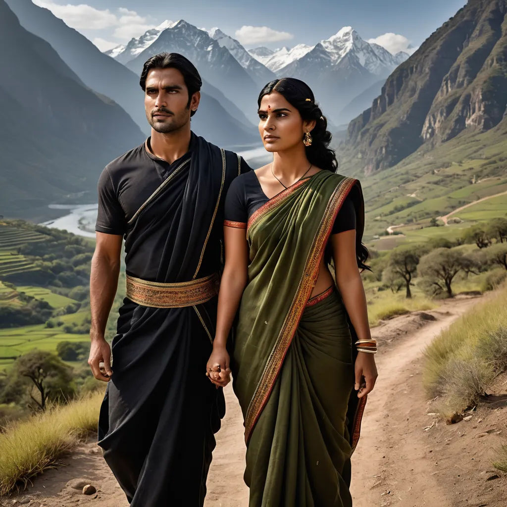 a man and woman walking down a dirt road in front of mountains and a valley with a river in the distance, samikshavad, a detailed matte painting, Bhupen Khakhar, promotional image