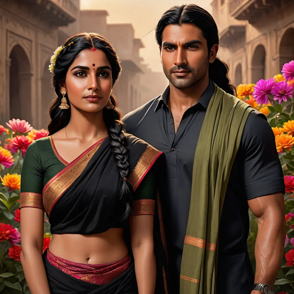 a man and a woman standing in front of flowers and a building with a sky background and a painting of a woman in a sari, samikshavad, a photorealistic painting, Ella Guru, promotional image