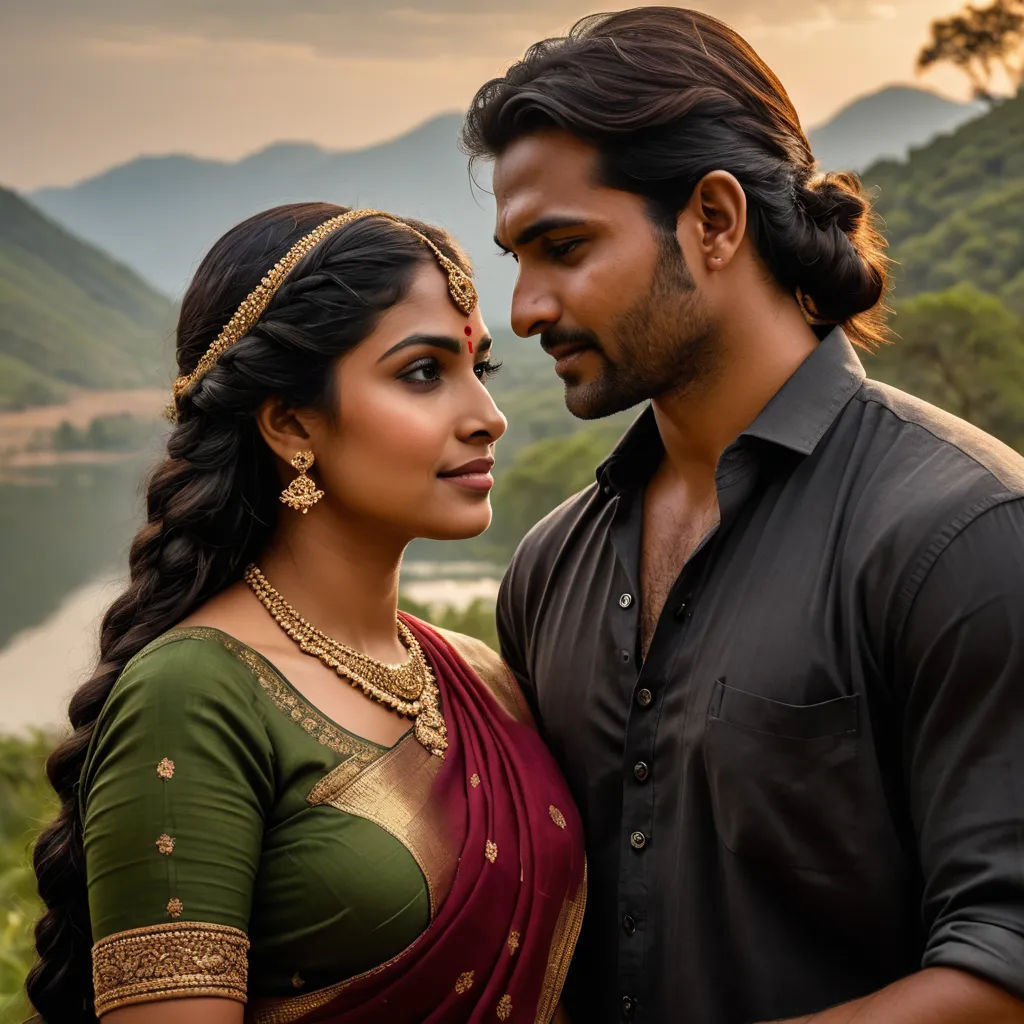 a man and a woman standing next to each other in front of a mountain range with a lake in the background, samikshavad, a poster, Ella Guru, promotional image