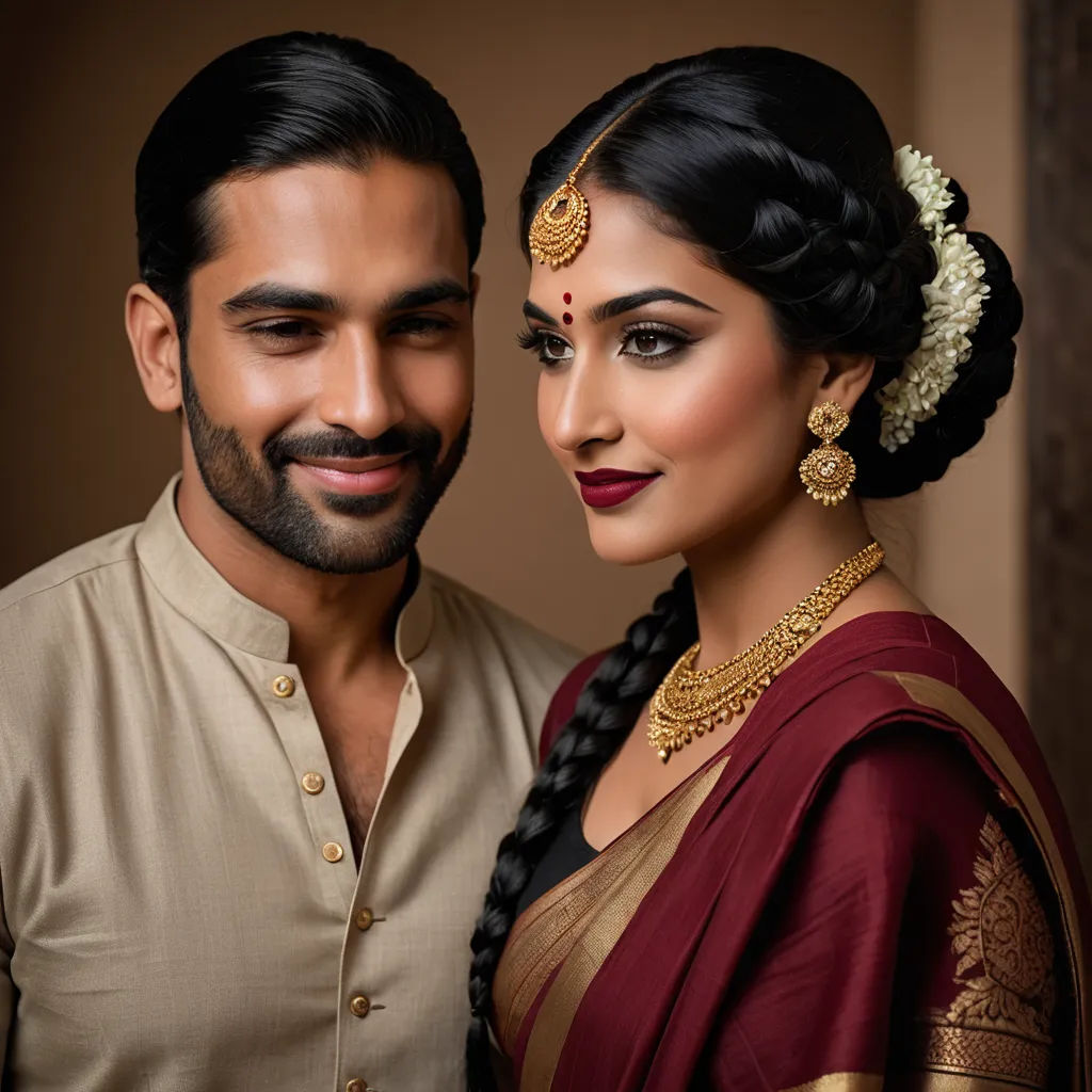 a man and a woman are posing for a picture together in traditional indian garb and jewelry, with a smile on their face, samikshavad, a stock photo, Bholekar Srihari, jayison devadas