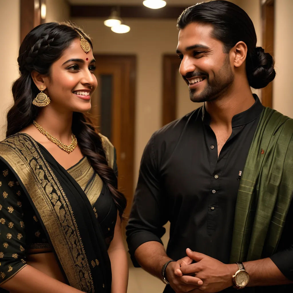 a man and a woman standing next to each other in a hallway smiling at each other with a smile on their face, samikshavad, a poster, Ella Guru, promotional image