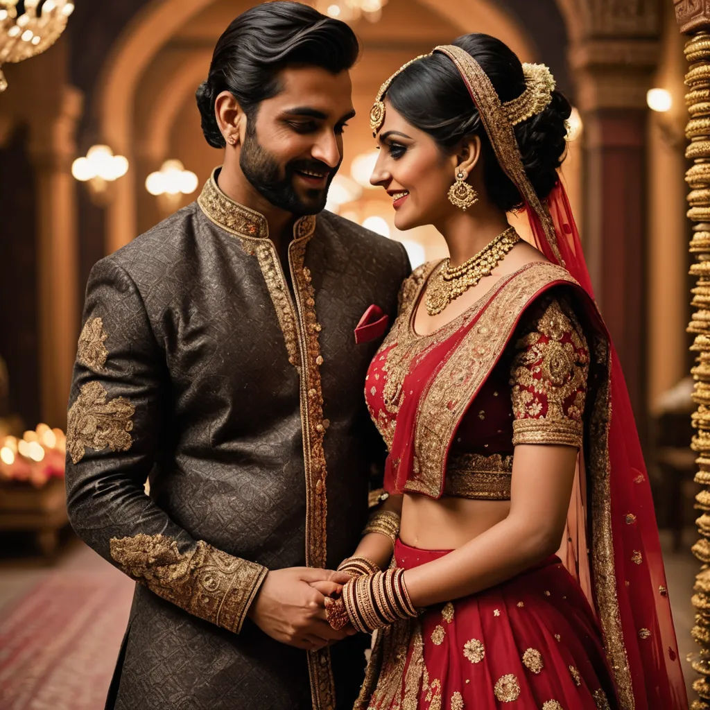a man and woman in indian attire posing for a picture together in a hall with chandeliers and chandeliers, samikshavad, a photorealistic painting, Bholekar Srihari, promotional image
