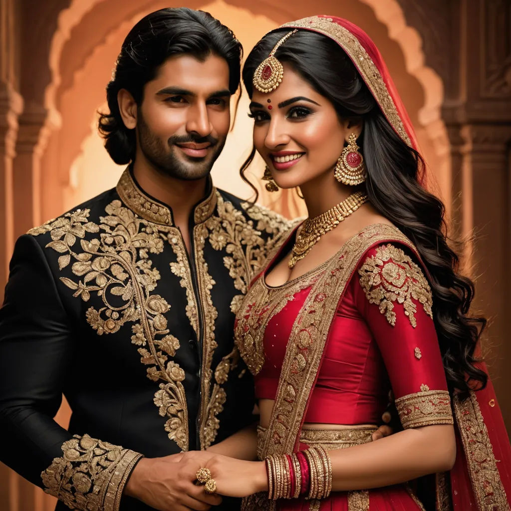 a man and woman dressed in indian attire posing for a picture together in a photo studio with a backdrop of arches, samikshavad, a photorealistic painting, Bholekar Srihari, promotional image