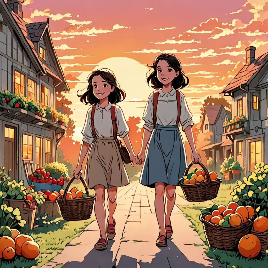 two girls walking down a street holding baskets of fruit in front of a sunset background with a house and a street, synthetism, a comic book panel, Brothers Hildebrandt, rossdraws global illumination