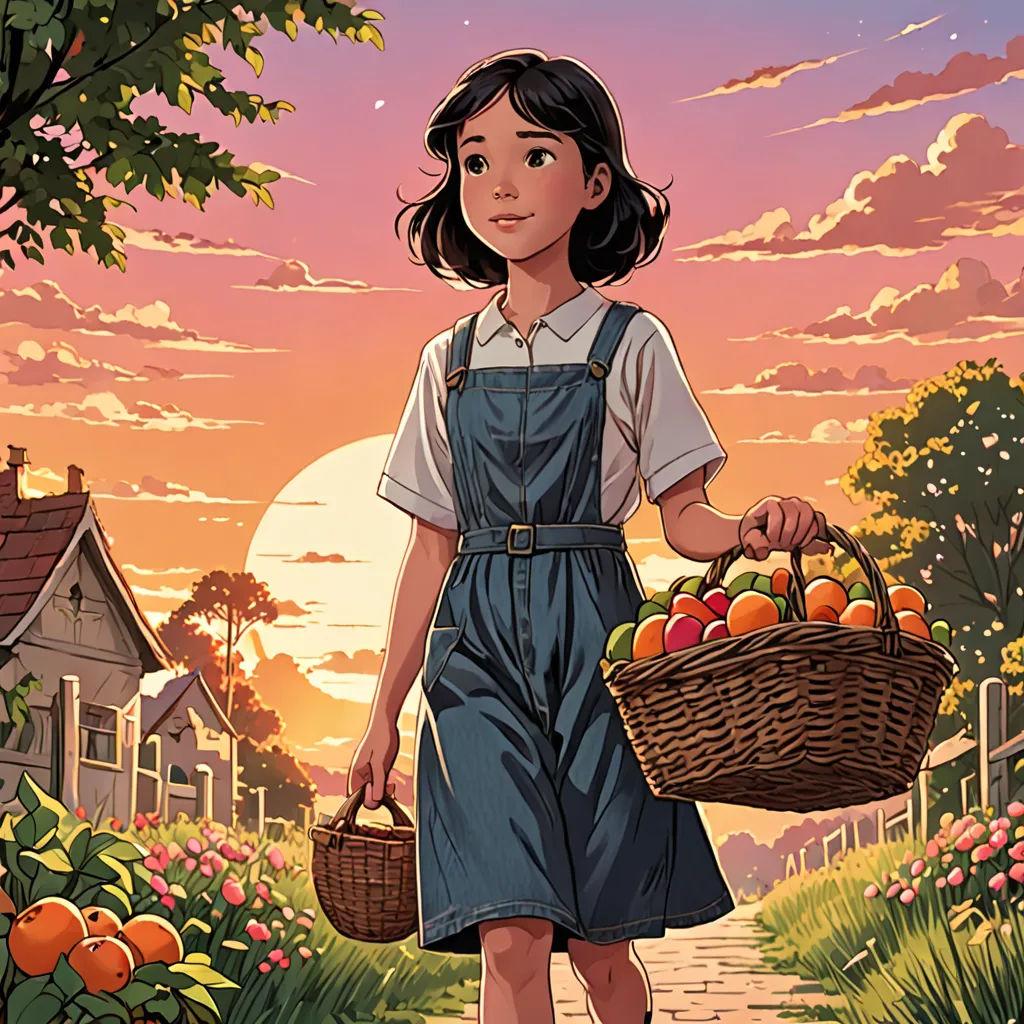 a girl carrying a basket of fruit walking down a path to a house at sunset with a sunset in the background, private press, a comic book panel, Cliff Childs, color page